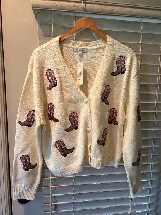 Francesca's Collections Cream Cardigan with Brown Boot Embroidery - Picture 1 of 4